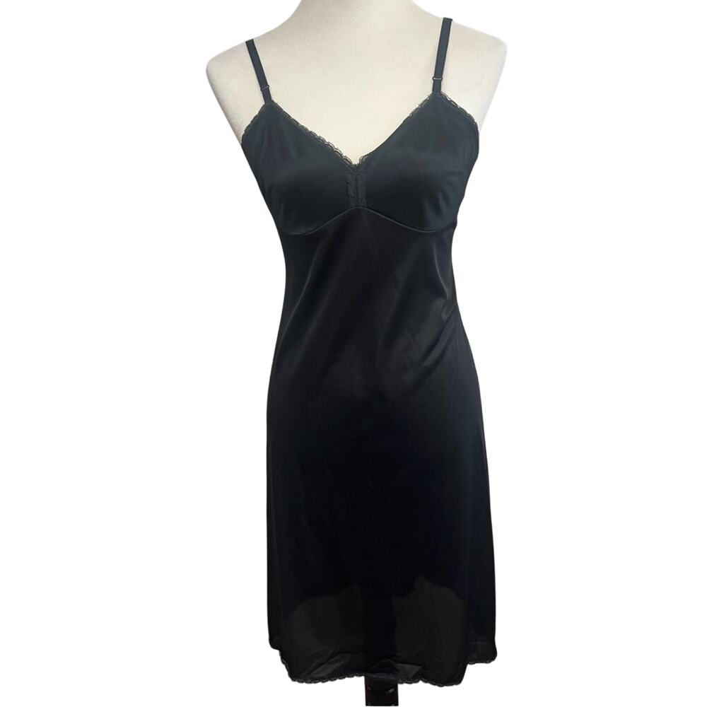 Vintage Vanity Fair Black Nylon Lace Slip Dress |  Size 34 Small USA 70s Boudoir